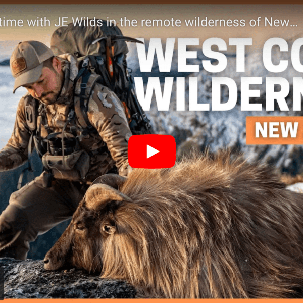 video cover image of a hunter on top of a mountain with a tahr
